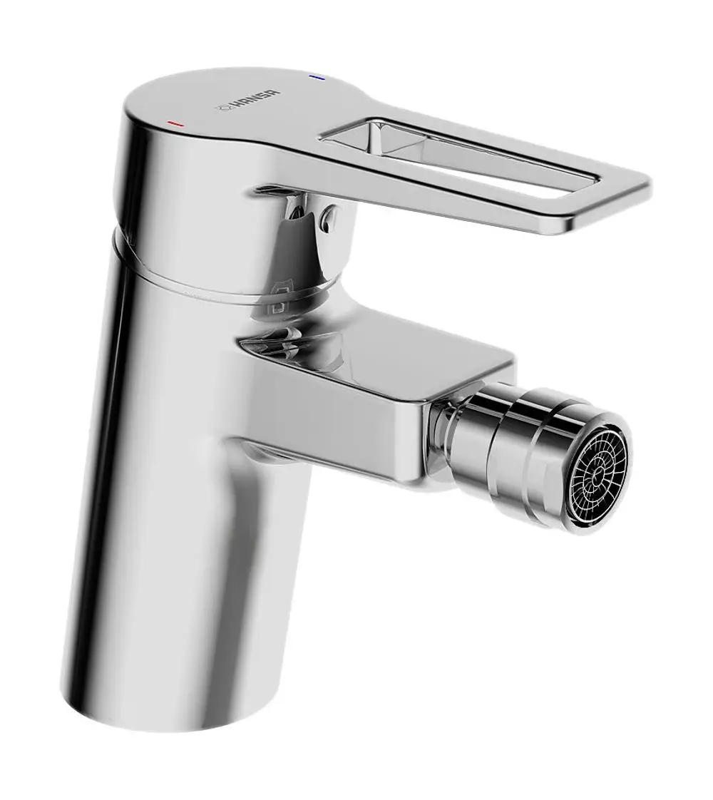Einhebelmischer für ein Bidet in Chromausführung. Mit einem Bügelhebel und einem Zugstangenablauf. Hersteller ist HANSA. Minimalistische, funktionale Bauform.